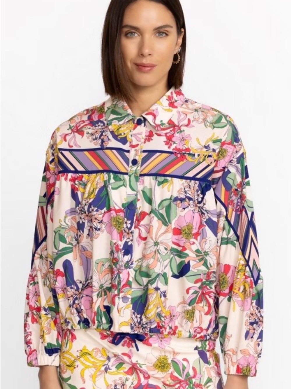 Johnny Was Multicolor Floral Snap Activewear Jacket - Cream Base